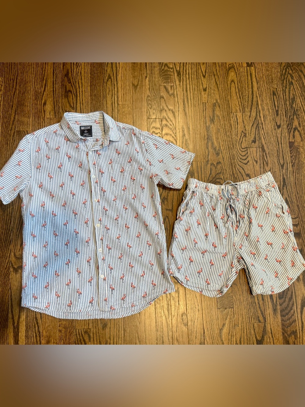 MASSIVE Blue Striped Flamingo Matching Seersucker Set Co-Ord Shorts Button Down